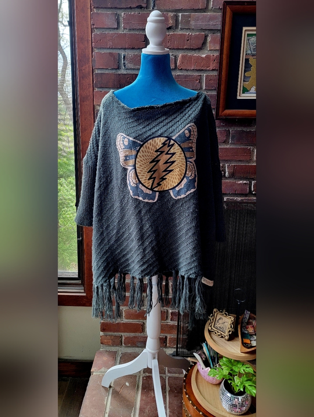 Army Green Fringe Pullover Sweater with Graphic Patch